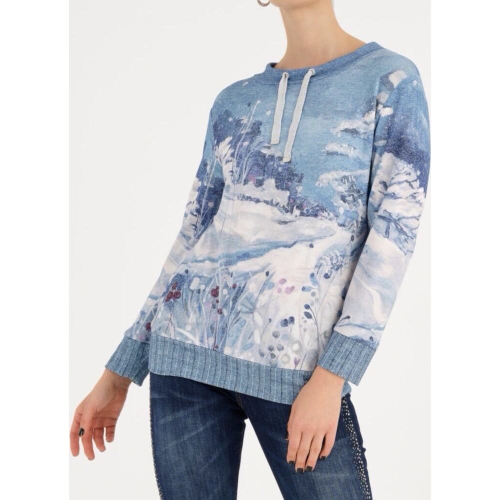 Dolcezza Simply Art Print Knit Cowl Neck Raglan Pullover Sweater L Winter Scene